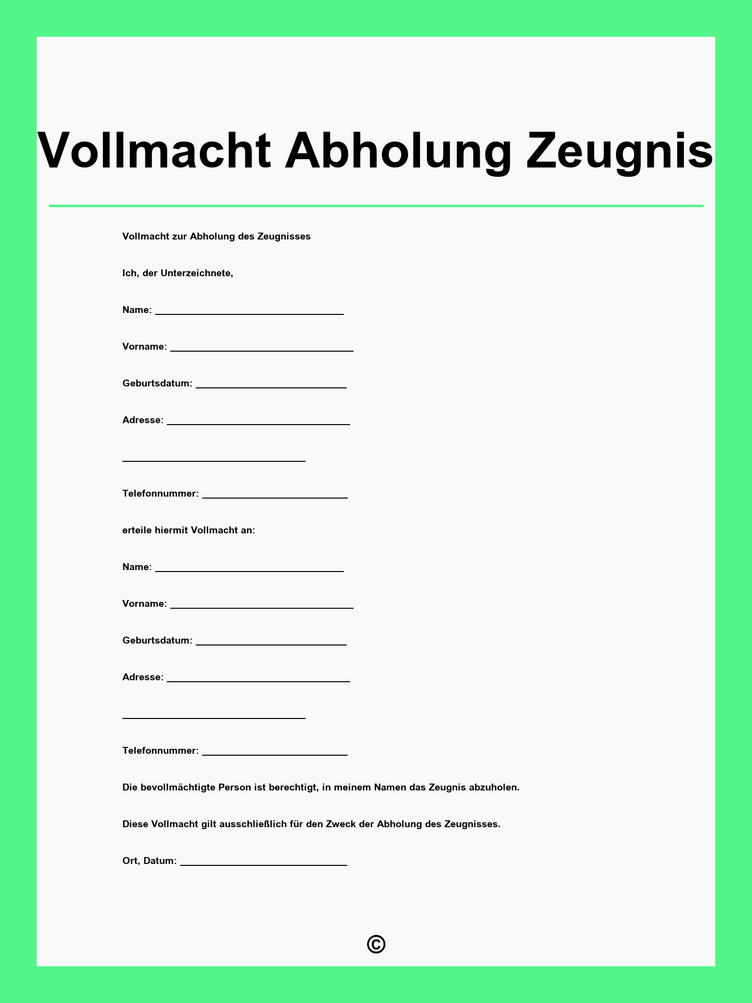 Vollmacht Abholung Zeugnis