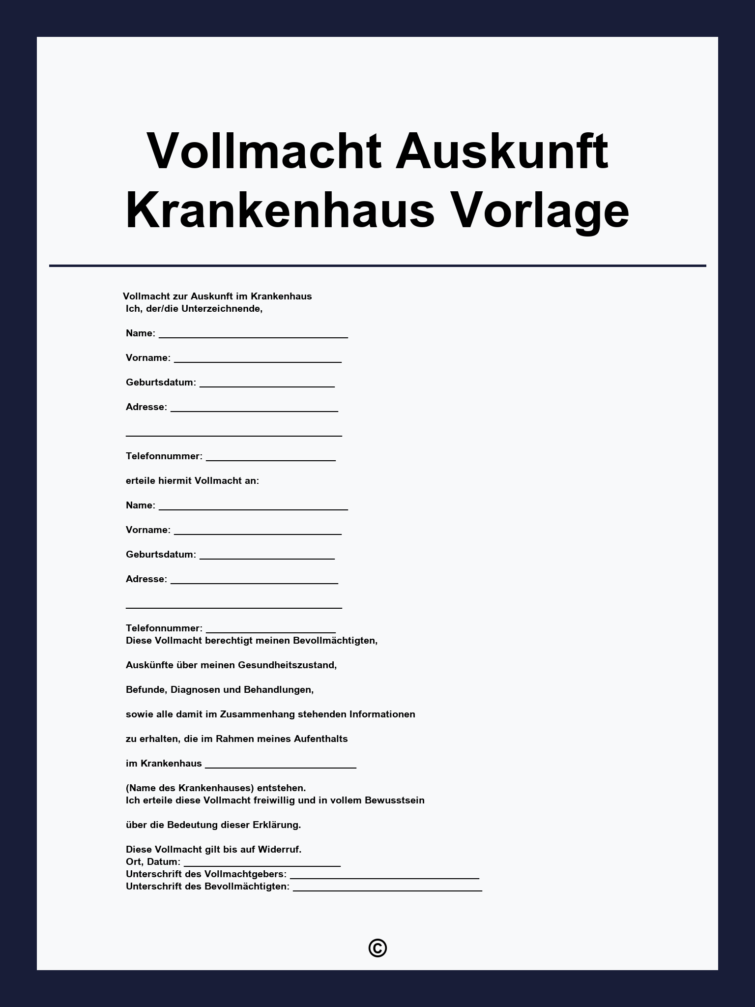 Vollmacht Auskunft Krankenhaus Vorlage
