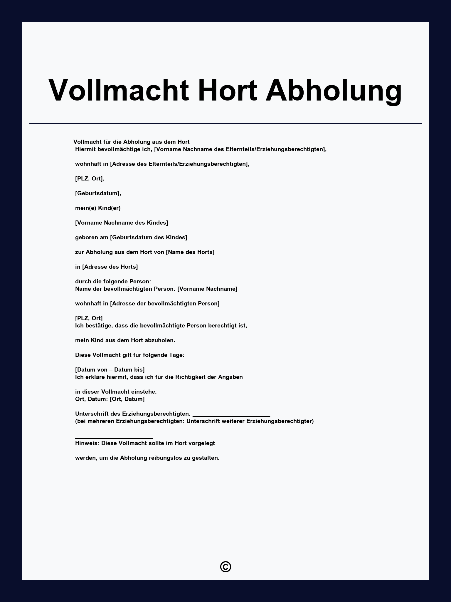 Vollmacht Hort Abholung